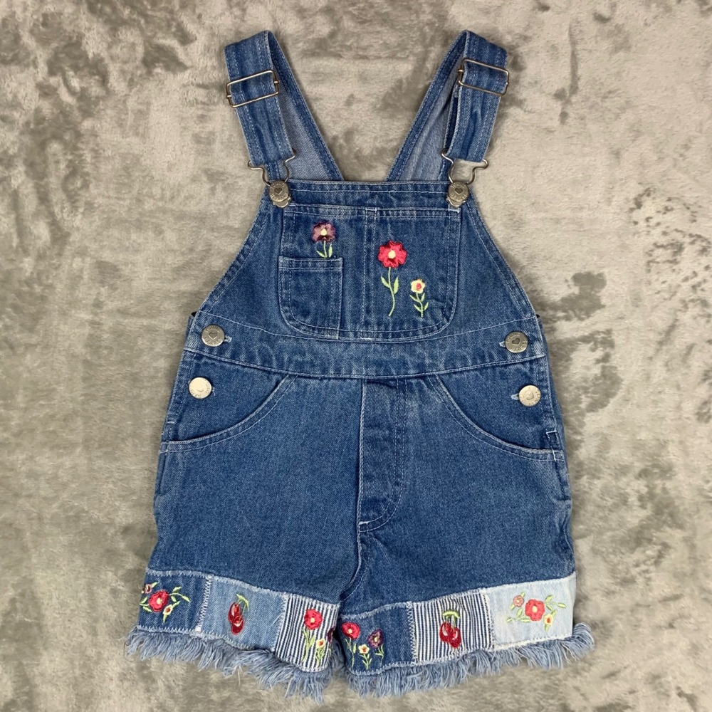 VTG Y2K Young Hearts Toddler 2T Denim Shortalls Floral Cherry Embroidered Garden
